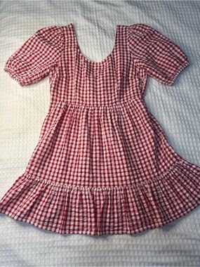 LOFT Red & White Gingham Puff-Sleeve Mini Dress